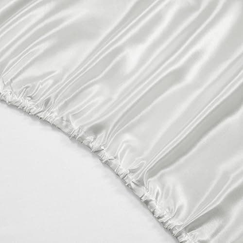 HommxJF 5Pcs White Satin Sheets Set Breathable Luxury Silky Satin Bedding Set with 1 Flat Sheet,1Deep Pocket Fitted Sheet,3Pillowcase thumbnail 5