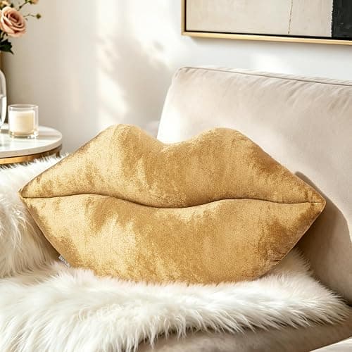 AELS 3D Large Lips Throw Pillows, Soft Decorative Love Pillows, Velvet Cute Pillow, 24 x 12 inches for Couch, Sofa, Bed, Living Room, Bedroom, Bronze Gold - Image 1