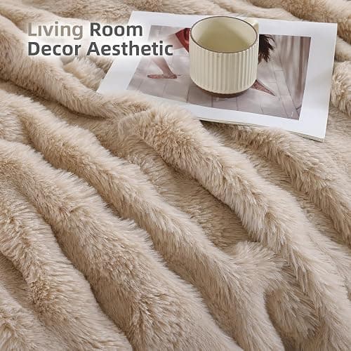 Smoofy Faux Fur Throw Blanket for Couch – Linen Fluffy Cozy Rabbit Fleece, Plush Soft Bubble Blanket for Sofa & Bed, for Mom, Warm Fuzzy Home Room Decor Throw 60" x 80" thumbnail 5