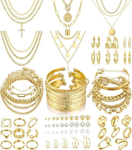FAXHION 68 Pcs Gold Jewelry Set for Women with 7 Necklace, 17 Bracelet, 5 Hoop Earrings, 15 Stud Earrings, 24 Knuckle Rings for Women Jewelry Set for Women Gift thumbnail 2
