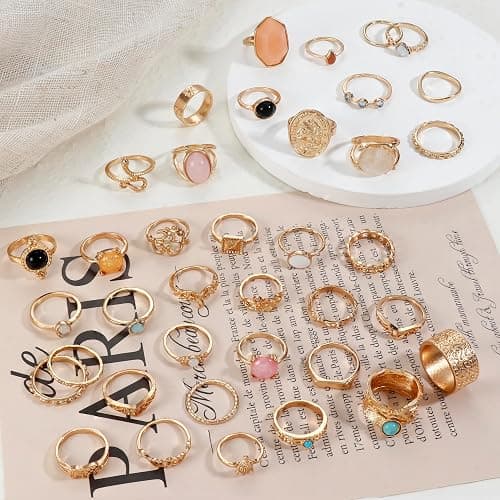 ⭐️Subiceto 70 Pcs Vintage Crystal Ring Set for Women, Stackable Knuckle Rings | 14K Gold Plated Ring Pack, Crystal Gem Snake Retro Boho Finger Rings, Multiple Size for Midi, Thumb, Joint, Knuckle, Stacking thumbnail 4