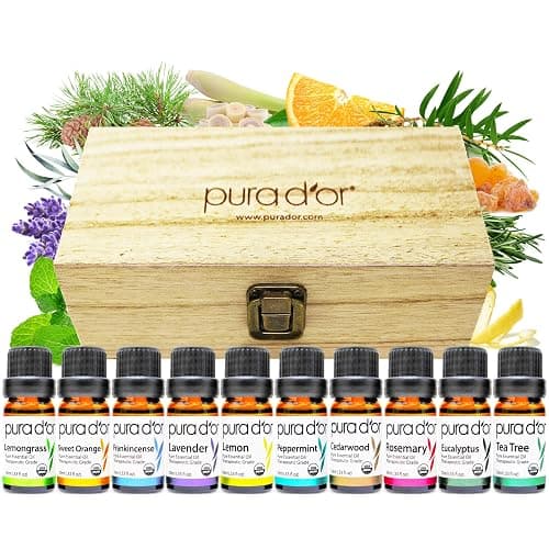 PURA D'OR Organic Perfect10 Essential Oils Set - 10x 10mL Wood Box Aromatherapy Gift Set - 100% Pure Therapeutic Grade for Relaxation and Wellness (Lavender, Peppermint, Eucalyptus, Tea Tree & More) - Image 1