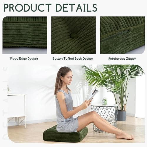 HIGOGOGO Tufted Corduroy Recliner Seat Cushion for Elderly, High Density Foam Large Square Seat Cushion for Recliner Chair, Floor Pillow, Office Chair, Car, No Pressure on Thighs, 20x20x4 thumbnail 4