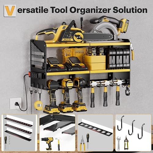 Spampur Large Power Tool Organizer Wall Mount with Charging Station, 3 Layer Heavy Duty Metal Tool Storage Rack Loads 420lbs with 6 Cordless Drill Holder, Utility Rack Loads with 4 Power Strip thumbnail 4