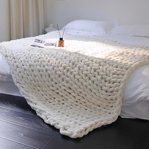 Maetoow Chenille Chunky Knit Blanket Throw （40×50 Inch）, Handmade Warm & Cozy Blanket Couch, Bed, Home Decor, Soft Breathable Fleece Banket, Christmas Thick and Giant Yarn Throws, Cream thumbnail 5