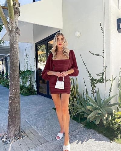 Wenrine Women's Mesh Long Sleeve Square Neck Ruched Party Club Cocktail Bodycon Mini Dress thumbnail 5