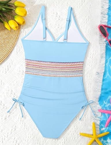 Doumlop Girls One Piece Swimsuits Color Block Girls Swimsuit V Neck Girls Bathing Suit Drawstring Girls' Swimwear 9-16 Years thumbnail 4