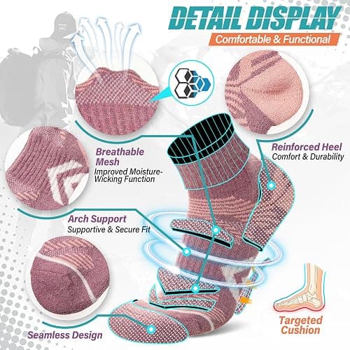 ANTSANG 6 Pairs Merino Wool Quarter Socks Running Walking Hiking Compression Support Breathable Thermal Warm Thick Cushion Ankle Unisex Socks for Women Men thumbnail 4