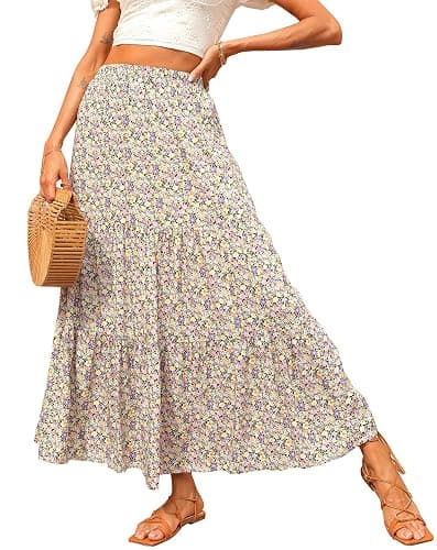 KIRUNDO Women 2026 Spring Summer High Waist Boho Floral Maxi Skirt Trendy Casual Flowy Swing Pleated A Line Beach Long Skirts - Image 1
