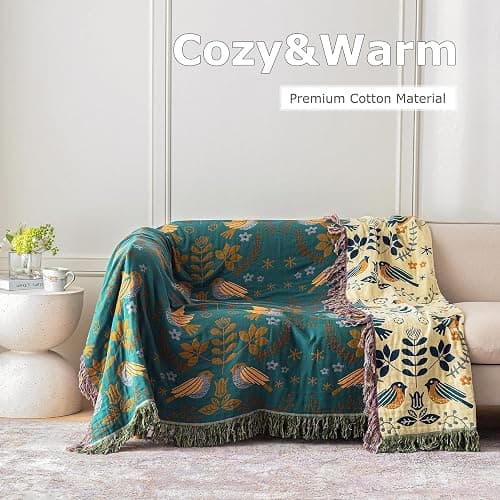 Boho Throw Blanket for Bed 100% Cotton Ultra Soft Rustic Quilt Queen Blanket Bird Floral Printed Farmhouse Decor Large Fall Bed Blankets,90"×98" All Season Rustic Throw for Sofa Couch Chair thumbnail 5