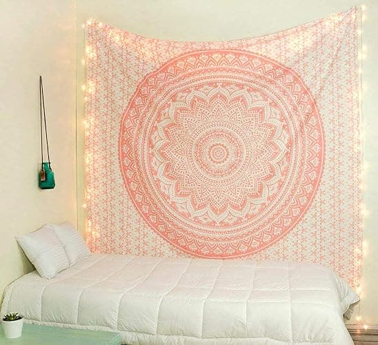 raajsee Rose Gold Ombre Tapestry Wall Hanging Mandala-Bohemian Room Decor-Indian Cotton Throw Hippie Tapestries -Boho Bedding Twin Bedspread 52 x 60 Inches - Image 1