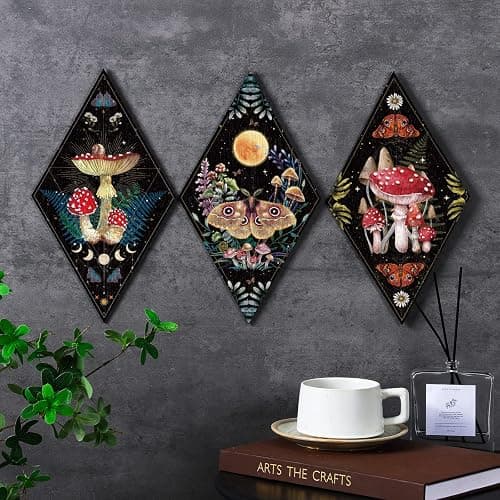 Sintuff 6 Pieces Mushroom Wall Decor Gift Vintage Aesthetic Boho Wall Art for Home 11.8inch Wooden Moon Gothic Minimalist Wall Hanging for Bathroom Bedroom Living Room thumbnail 3