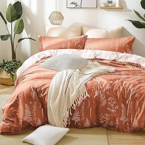 Love's cabin Terracotta Comforter Set Queen - Queen Size Comforter Set, 3 Pieces Cute Floral Bedding Sets for All Seasons,1 Soft Reversible Botanical Flowers Comforter and 2 Pillow Shams - Image 1