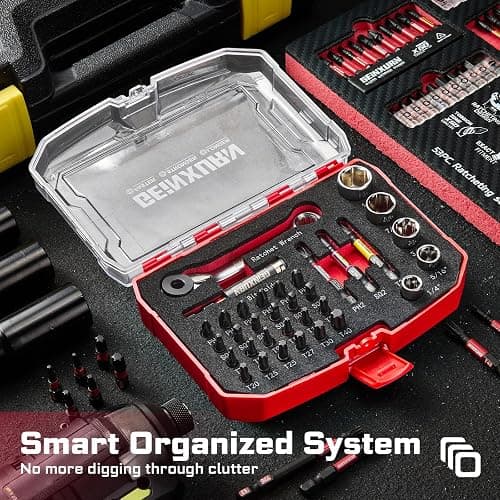 Geinxurn 34 Pieces Tool Kit with Matching Storage Box, Include 1”/2” S2 Steel Magnetic Screwdriver Bits (Phillips/Square/Torx), Socket, Bit Holder and Mini Ratchet Wrech for Home Repairs thumbnail 7