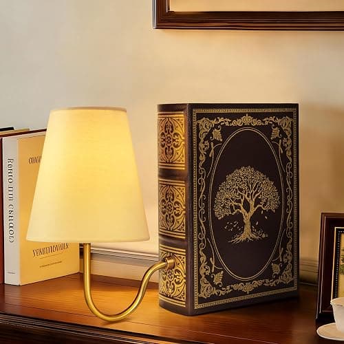 AELS Vintage Bookshelf Lamp with Bulb, Cordless Touch Dimmable Table Lamp with Linen Fabric Shade, Battery Operated, Modern Farmhouse, Book Sconce for Office Home Bedroom, Tree of Life Brown & Gold - Image 1