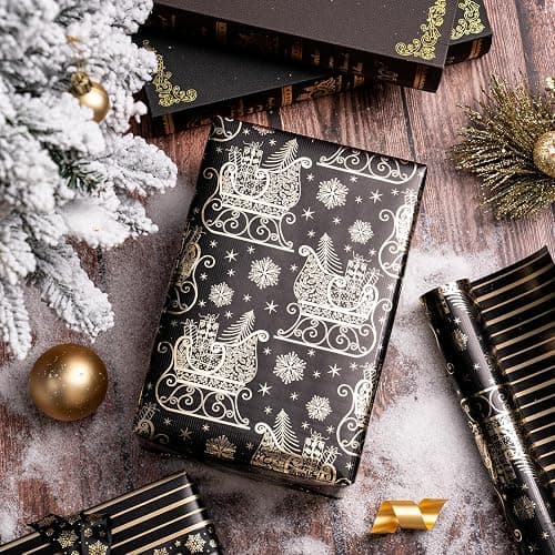 WRAPAHOLIC Reversible Black and Gold Christmas Wrapping Paper - Mini Roll - 17 Inch x 33 Feet - Black Gold Sleigh and Stripe Wrapping Paper with Metallic Foil Shine for Christmas, Holiday, Party thumbnail 6