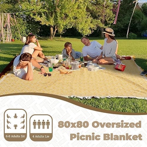 Genovega 2 in 1 Extra Large Outdoor Picnic Blanket Waterproof Woven Boho Mat Giant Beach Towel Travel Essential Yoga Accessories Park Patio Lawn Garden Grass Ground Music Festival Concert Must Have thumbnail 2