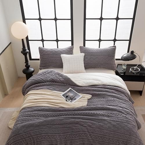 COTTEBED Reversible Sherpa Fluffy Comforter Queen Set, Boho Tufted Bedding Down Blanket Comforter Set, Ultra-Soft Washed Cotton Shabby Plush Fleece Sherpa Thick Warm for Winter Autumn, Grey Full Queen thumbnail 3