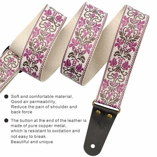 Nefelibata Guitar Strap 2" Embroidery, Full Grain Leather Ends with Hidden Pocket, for Bass, Electric and Acoustic Guitars thumbnail 4