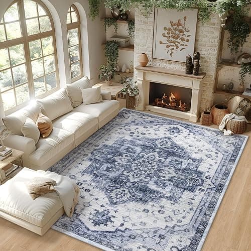 Washable Rug Living Room Rugs: 6x9 Area Rug Large Soft Boho Vintage Medallion Carpets Indoor Floor Anti Slip Non-Shedding Thin Carpet for Bedroom Dining Room Farmhouse Nursery Home Office-Blue/White thumbnail 2