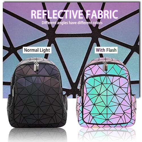 CAFINY Geometric Women's Backpack Geometries Glow Large Purse Backpack Geometrical Luminous Bag Holographic Travel Bags Retro Daypack for Casual, College, Work thumbnail 4