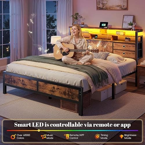 Homkdom Queen Bed Frame with 4 Drawers, Charge Station & LED Lights, Brown | Storage Headboard with 3-tier Shelves, Heavy-duty metal loads 880lbs, Noise-free, No box spring needed, Easy assembly thumbnail 5