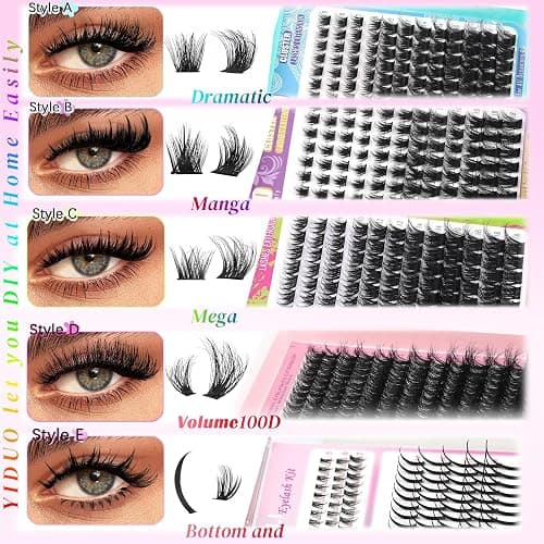 YIDUO Lash Clusters Kit 6 Styles Bulk Packs Eyelash Extensions Volume/Manga/ultra/Dramatic with pikes Bottom Lashes Clusters Kit 5-20mm Wispy D Curl Individual Fake Eyelashes Kit DIY at Home Easily thumbnail 3