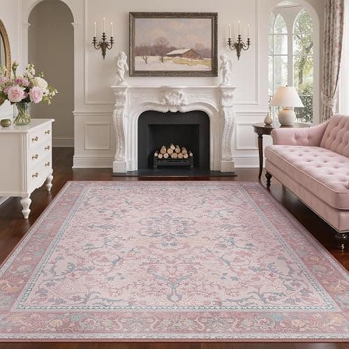 Pink Area Rug 6x9 Washable Rugs for Bedroom Girls Floral with Non Slip Backing, Low Pile Carpet for Living Room, Nursery Room, Dinning Room, Light Pink Blue thumbnail 9