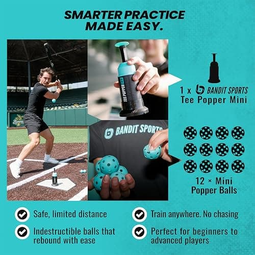 Bandit Sports Baseball Training Mini Tee Popper, Hitting Tee for Perfect Swings, Batting Machine for Practicing Hitting Without a Pitcher (1 Popper Ball Included) thumbnail 4
