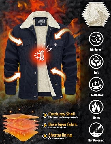 TACVASEN Men's Corduroy Jacket Fleece Sherpa Lined Winter Coats Warm Cotton Casual Trucker Cargo Jacket with Multi Pockets thumbnail 4