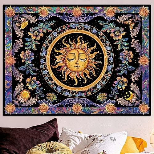 Accnicc Sun and Moon Tapestry Psychedelic Floral Plant Tapestries for Bedroom Aesthetic Hippie Boho Flower Tapestry Wall Hanging for Dorm Living Room (48'' × 36'')