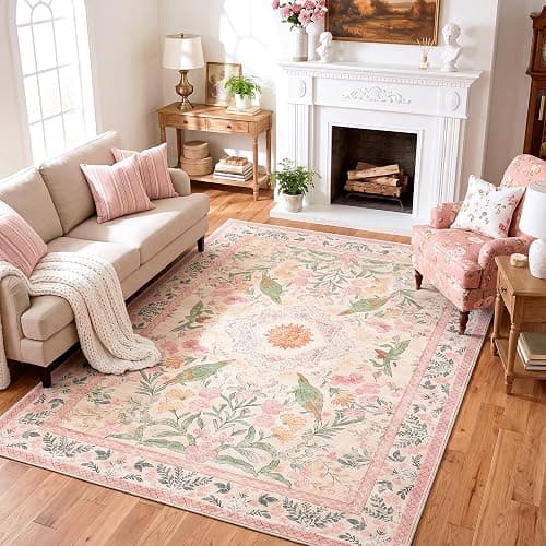Cnythlis 6'x9' Bohemian Floral Large Area Rug, Cream/Pink/Sage | Botanical Bird, Non-Slip, Water Resistant, Low Pile, Faux Wool, Cotton-Backed Silicone Grip Backing, Kid & Pet Friendly - Image 1
