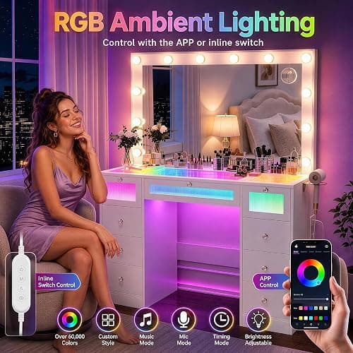 IFSEB Makeup Vanity Desk with Lights, White Vanity Glass Top, 36.9'' Mirror | 9 Drawers, 3 Color Bulbs, RGB Lighting, Charging Station, 10X Magnifying Mirror, Crystal Knobs, Hair Dryer Rack, Fir Wood thumbnail 4