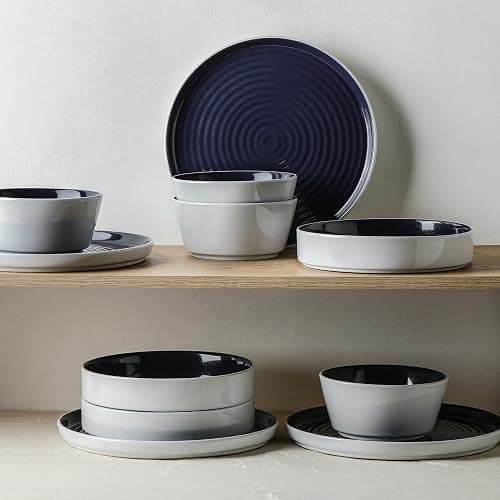 Stone Lain Elica 24-Piece Modern Dinnerware Set Stoneware, Plates and Bowl Sets for 8, Navy and White thumbnail 5