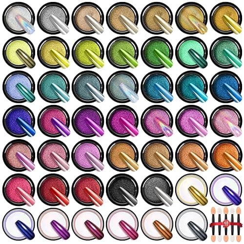 SAVILAND Chrome Nail Powder Set: 48 Colors Metallic Mirror Effect Chrome Nail Powder for Gel Polish Aurora Holographic Silver Gold Nail Chrome Powder for Gel Nails Art Decoration & French Manicure DIY - Image 1
