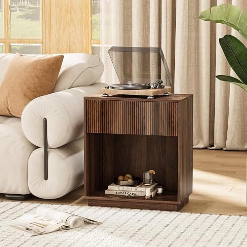 Fluted Nightstands Set of 2, Modern Bedside Table with Storage Drawer and Open Wood Shelf, Wood End Table Mid Century Night Stands for Bedroom Living Room Sofa Couch Office Walnut Brown thumbnail 8