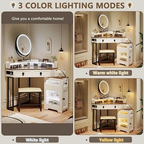 FREDEES Corner Vanity with Mirror and Lights,Modern Makeup Vanity Set with Charging Station for Bedroom/Cloakroom,Glass Top Vanity Table with Drawers and Shelves,White thumbnail 3