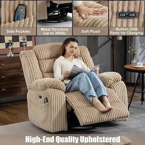 SINCRUMI Power Swivel Rocker Recliner Chair for Adults with Vibration and Heat, USB and Type-C Charging Port, Infinite Position, Electric Glider Rocking Chairs for Living Room, Nursery, Light Camel thumbnail 6