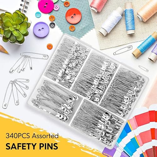 Huhuhero 340 Pack Safety Pins Assorted, Small & Large Heavy Duty Safety Pins for Clothes Costume Sewing, 5 Different Sizes Nickel Plated Steel Pin Bulk, Crafts Art Supplies, Silver thumbnail 6