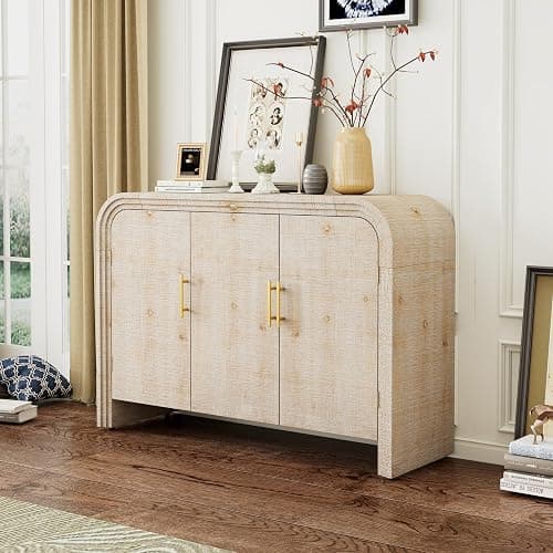 LETBASK 47.2" Retro Minimalist Curved Sideboard with Gold Handles,Adjustable Storage Cabinet Shelves for Living Room, Dining Room, or Office Decor(Natural Wood Wash,47.2" Sideboard) - Natural Wood Wash,47.2"sideboard - Image 1