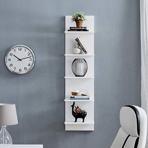 Danya B. Narrow Decorative Wall Mount Vertical Shelving Unit – Modern Column with 5 Shelves Home or Office for Books, Décor Display (White) - White thumbnail 2