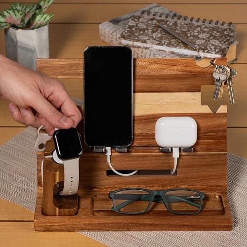 Orchers Wood Phone Docking Station for Men, Nightstand Organizer, Gifts for Dad from Daughter Son Wife, Christmas Anniversary Birthday Gift Ideas for Husband Him thumbnail 2