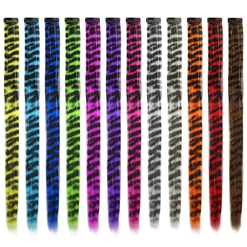 12PCS Racoon Tail Hair Extensions, 18 Inch Striped Scene Clip in Hair Piece, Synthetic Long Straight Raccoon Printed Colorful Wigs, Women Accessories for Party, Cosplay, Halloween, Daily Use thumbnail 7