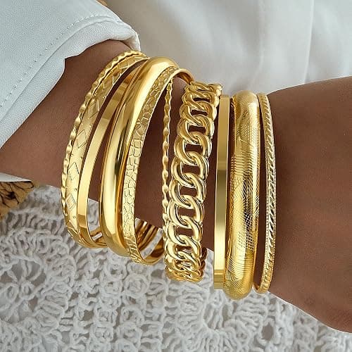 ÌF ME Gold Bangle Bracelets for Women, Indian Bangles Stackable Set, Multi Layer Textured 14K Gold Plated Chunky Bracelets Boho Jewelrys Set thumbnail 2