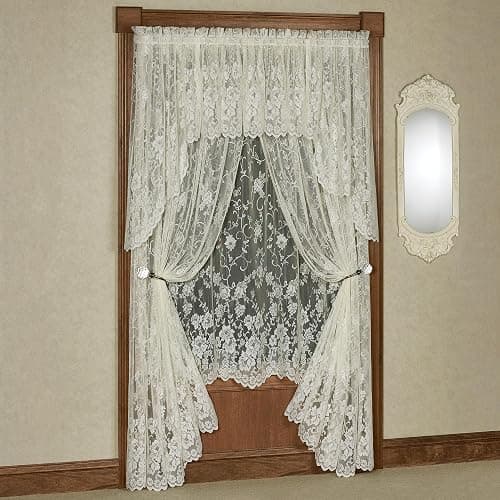 Enchanting Roses Luxury Lace Window Treatment, Ivory, 5 Pc Set | Sheer Polyester, Light Filtering, Rod Pocket, Machine Washable, Scallop Valance, 38"L Swag Pair, 63"L Panel & 2-95"L Panels - Image 1