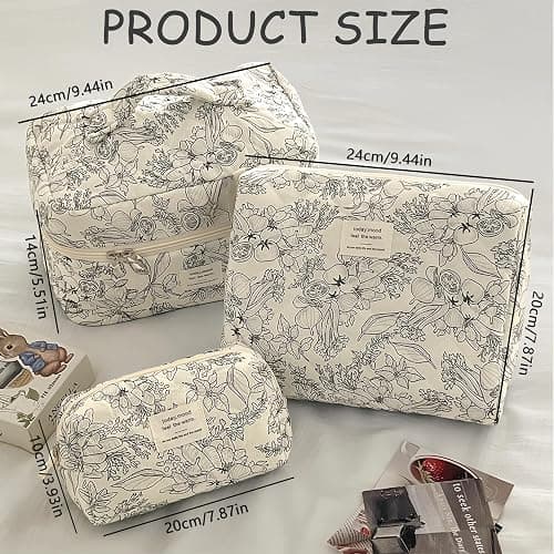 Aucuu Beauty Case, 3 Pieces Floral Large Capacity Makeup Bag, Quilted Toiletry Bag, Soft Cotton Travel Beauty Case, Large Quilted Toiletry Bag Makeup Bag Organizer, #5 Dark Blue Flowers, 3PCS thumbnail 3