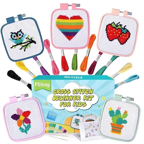 Pllieay 5PCS Cross Stitch Kits for Kids 7-13, Includes 5 Project Patterned and 5pcs Square Embroidery Hoops, 11 Skeins, Needle Point Starter Kit Sewing Set with Instructions - Image 1