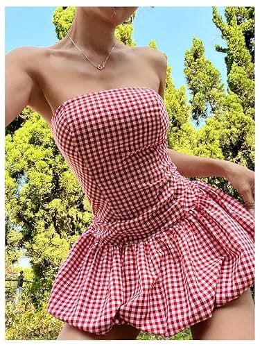 SweatyRocks Women's Plaid Strapless Bubble Dress Sleeveless Ruffle Mini Tube Dresses thumbnail 3