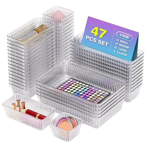 47 PCS Clear Plastic Drawer Organizer Set - 4 Sizes Makeup Organizer Desk Drawer Divider Bathroom Organizers and Storage Bins for Makeup, Jewelry, Gadgets, Office, Kitchen, Bedroom, Bathroom - Image 1
