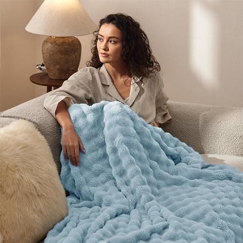 Bedsure 3D Fleece Bubble Blanket for Couch - GentleSoft Blue Throw Blanket for Sofa Bed Room Decor - Luxury Soft Cozy Gifts for Women Girls, Lightweight, All Seasons, Light Blue, 50"×60" thumbnail 2